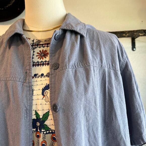 Vintage 90s Blue Textured Silk Button Front Short Sleeve Oversized Shirt Size XL - Picture 2 of 9